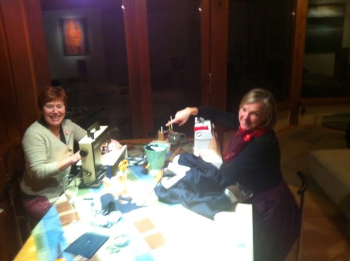 Rebecca & Jeannie sewing Christmas gifts