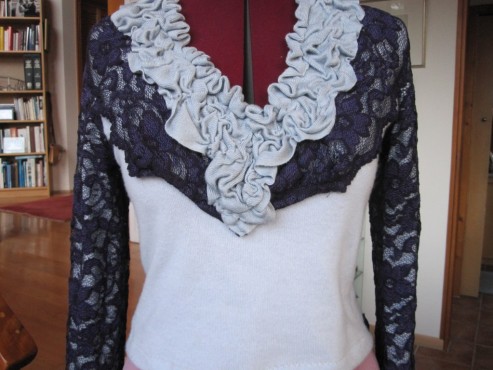 Recoutured sweaters and lace jacket