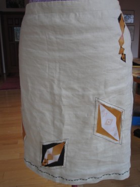 After - Front, recoutured skirt with appliques