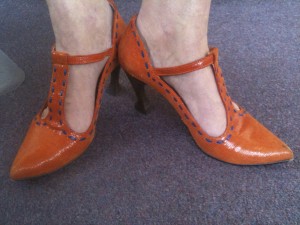 orange textured leather with teapot handle heel, post Board meeting February 2010