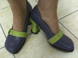 Periwinkle blue and lime green slanted toe with heart shaped heel. After Board meeting February 2010, original Gastown store.